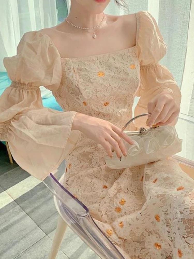 

Spring Vintage France Dresses Women Sexy Party Elegant Chic Midi Dress Casual Long Sleeve Square Collar Holiday Ladie Dress 2022