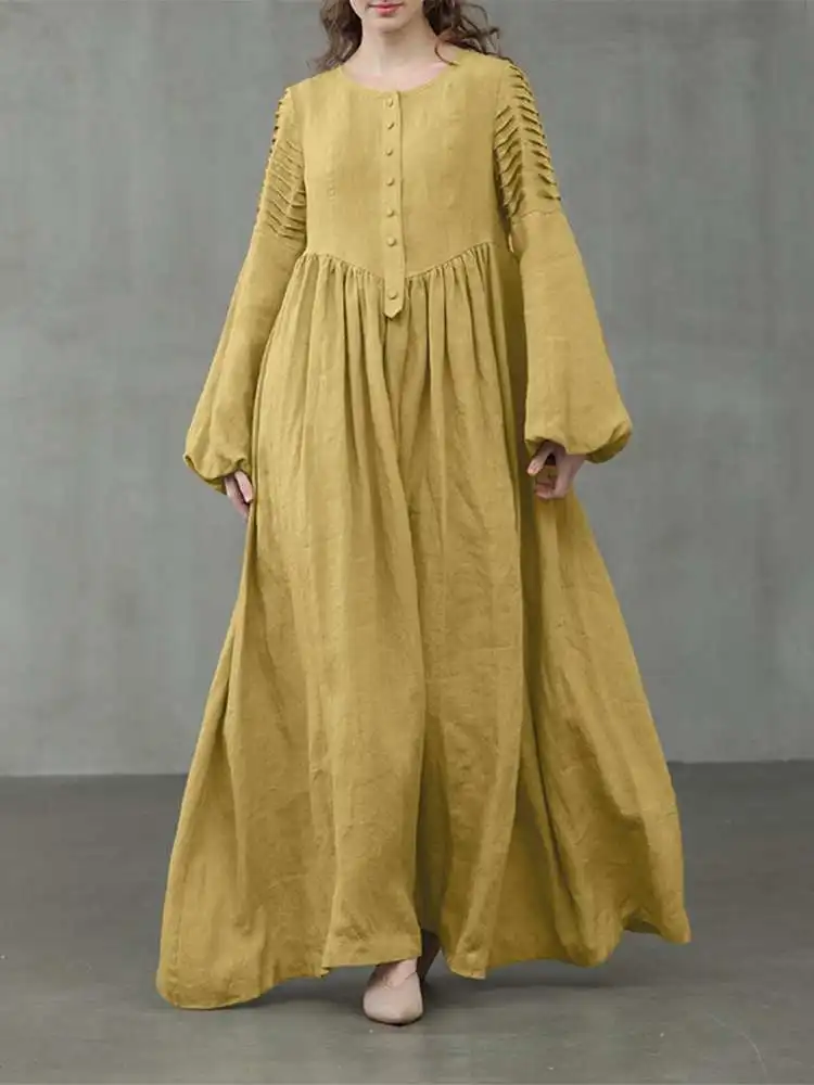 

ZANZEA Vintage Women Maxi Long Dress 2022 Fashion Sundress Robe Femme Long Puff Sleeve Solid Casual Loose Party Vestidos Kaftan