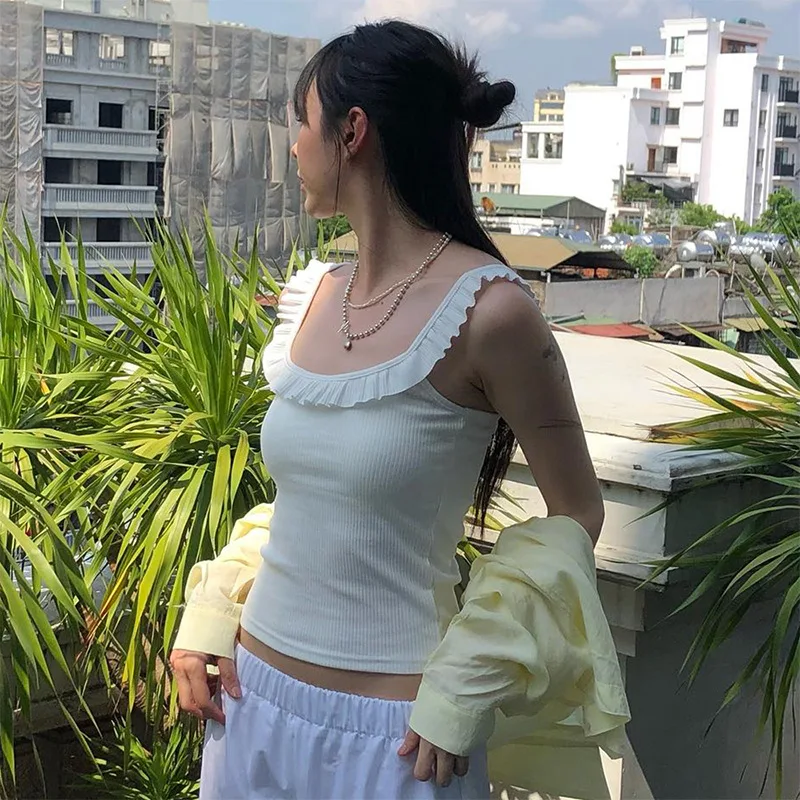 

Y2K Aesthetic Women Sexy Slim White Crop Top Harajuku Korean Fashion Summer Sleeveless Ruffles Knitted Tanks Streetwear T-shirts