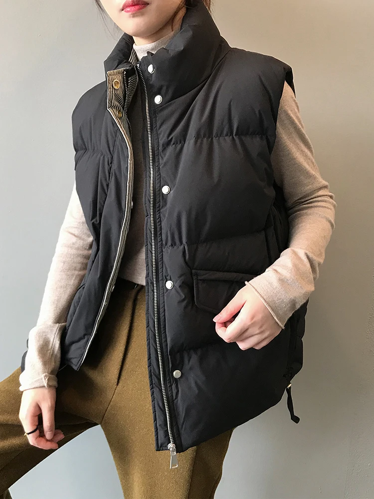 QOERLIN Designer Striped Liner Waistcoat Women Winter Thick Warm Jacket Stand Collar Sleeveless Pocket Zipper Padded Cotton Coat