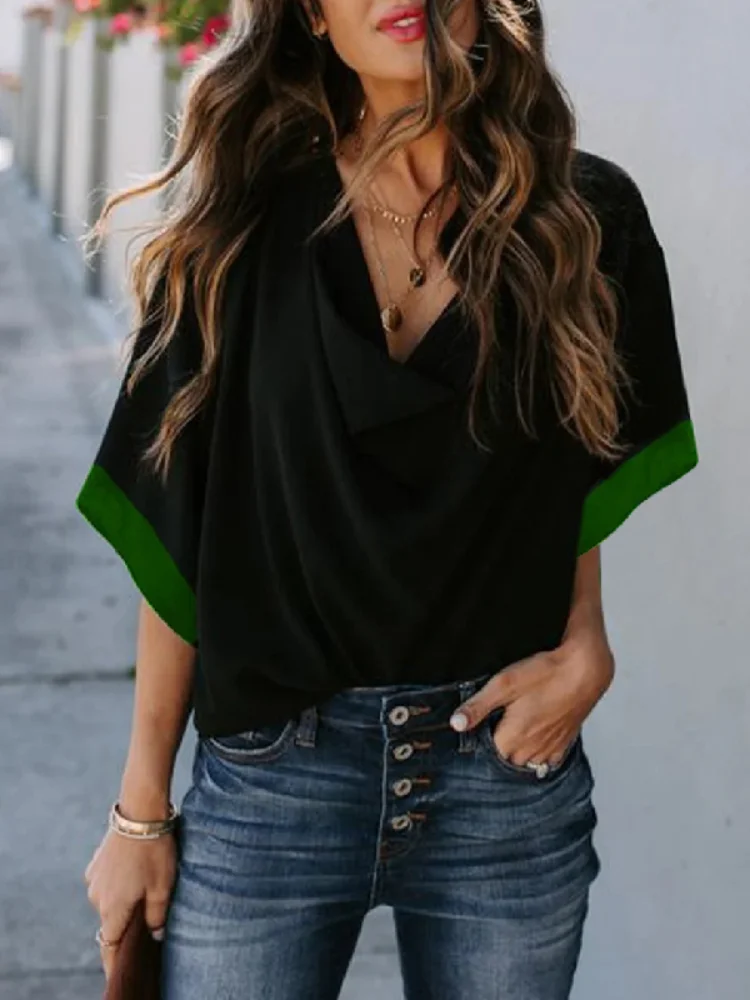 

Yeezzi Female Stylish Contrast Color Heaps Collar Simple T-Shirts 2023 New Summer Half Sleeves Casual Going Out Tops For Women
