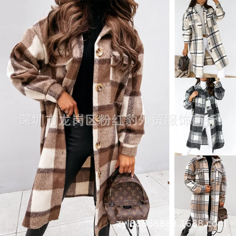 

Winter New Women's Fashion Plaid Brushed Long Shirt Coat Wool Coat Women