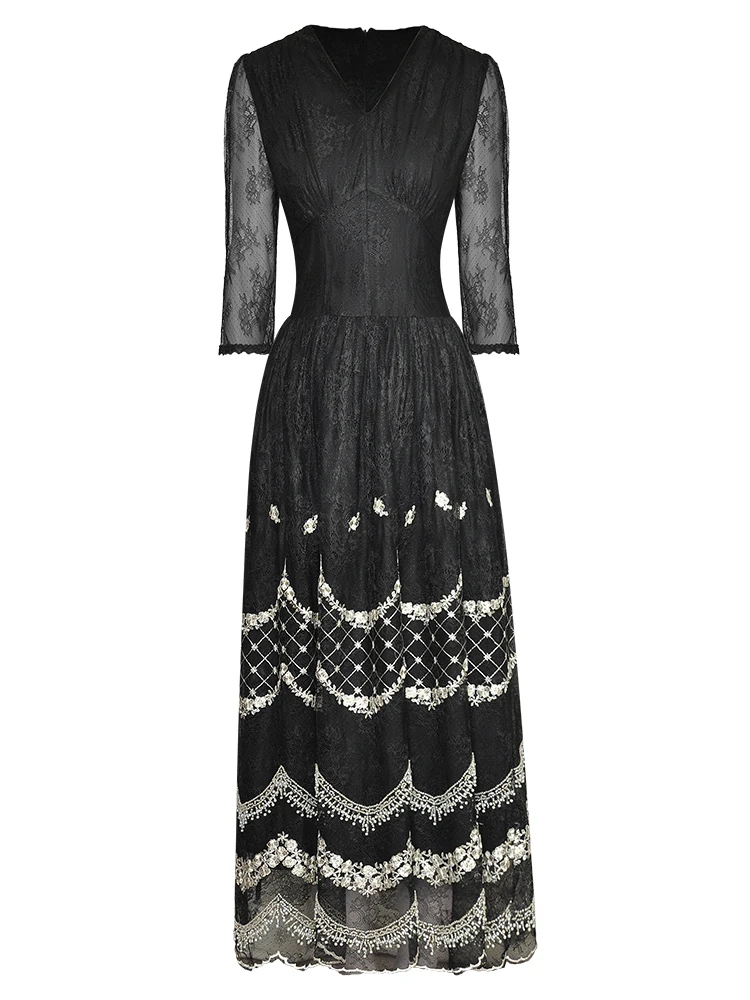 

Runway Spring Summer Ladies New Runway High Quality Gorgeous Sexy Vintage Party Elegant Embroidery Black Beige Lace Long Dress
