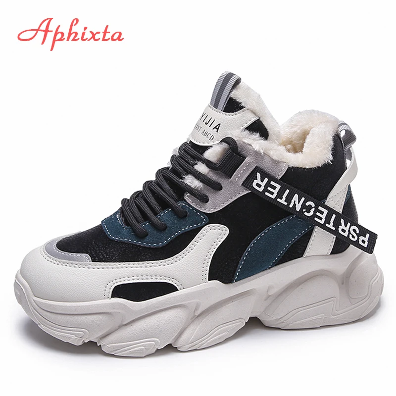 

Aphixta 2022 Mixed Colors Women Sneakers Platform Snow Boots Lace-up Suede Chunky Sole Furry Warm Sport Botas Mujer Shoes