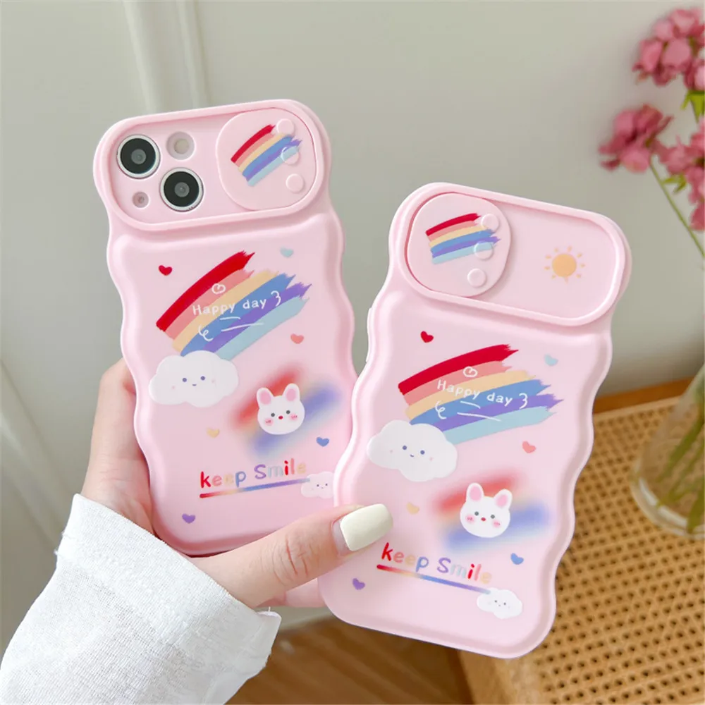

Push Window Slide Camera Protector Mobile Phone Case For iPhone 14Pro 11 12 Pro 13 Pro Max Cute Rainbow Cloud Rabbit Back Covers