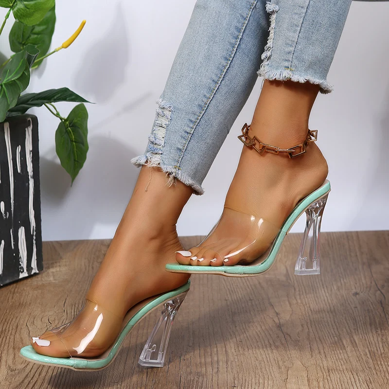 

2022 Summer Women's Slippers High Heels Sandals Block Heels for Clear Heels for Elegant Party Mirror Luxury Shoes Stripper Pink