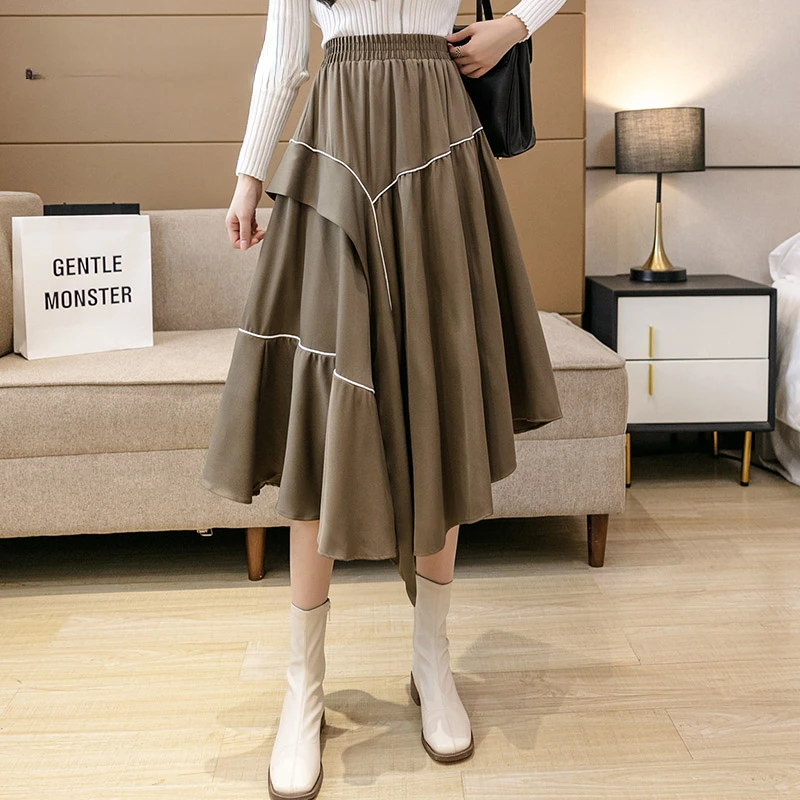 Korean Style Midi Skirt Women Fashion Casual Retro Black Pleated Skirts for Womens Irregular Stylish Elegant Faldas