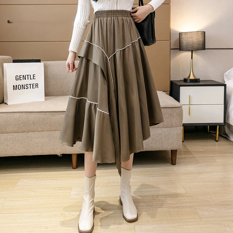 

Korean Style Midi Skirt Women Fashion Casual Retro Black Pleated Skirts for Womens Irregular Stylish Elegant Faldas