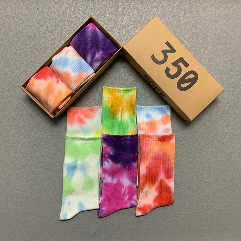 3 Pairs/Box Tie-dye Streetwear Stockings Cotton Harajuku Whirlpool Fashion Dunk HipHop Basketball Gifts for Men Women Long Socks