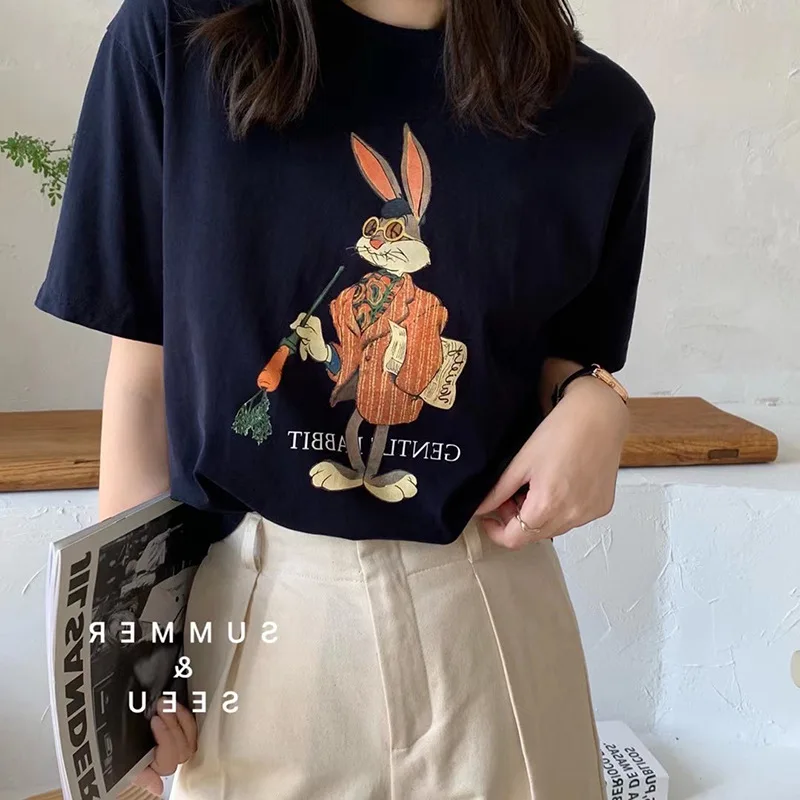 CnHnOH Short-sleeved T-shirt Top Women's Cotton 2022 Women's New Korean Version Cute Print Female Student Summer Casual T-shirt