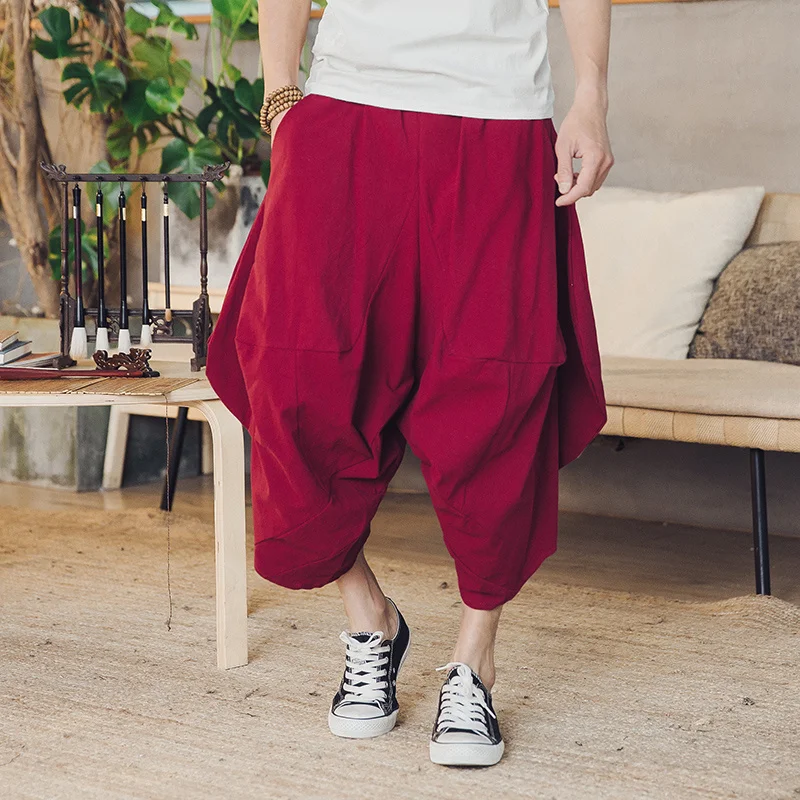 

Men Harem Pants Drop Crotch Joggers Solid Casual Trousers Men Loose Hip Hop Baggy 2023 New Calf-Length Cotton Men Wide Leg Pants