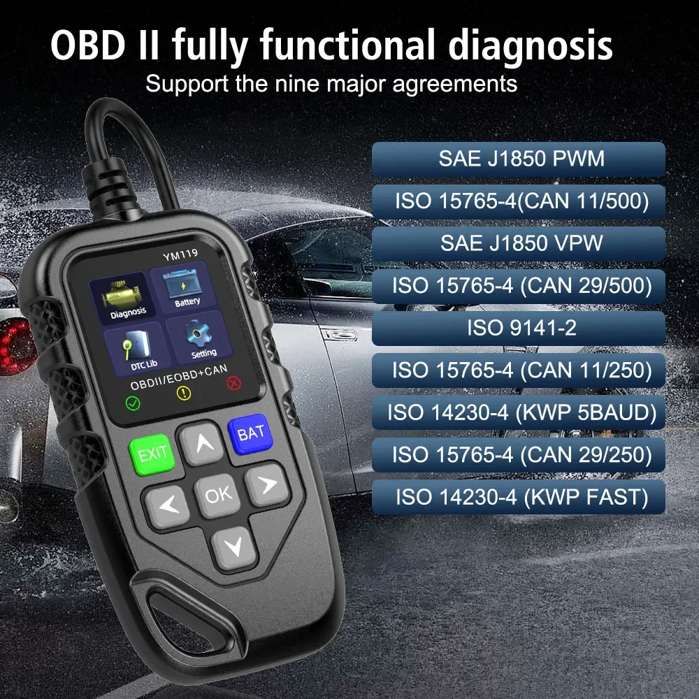 YM119 OBD2 сканер проверка кода двигателя тестер батареи чистые коды неисправностей
