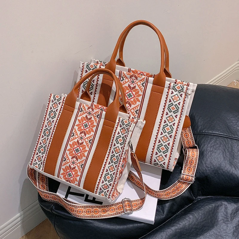 

Bohemian Pattern PU Women's Tote Bag Large Capacity Contrast Color Lady Handbag Simple Popular Fashion Crossbody Shoulder Bags
