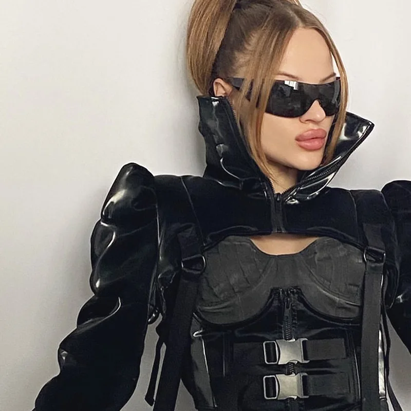 Solid Color Zipper Turtleneck Halter Waist Buckle Belt Cropped Coat 2022 Puffer Jacket Women Winter Jackets Cropped Parka White