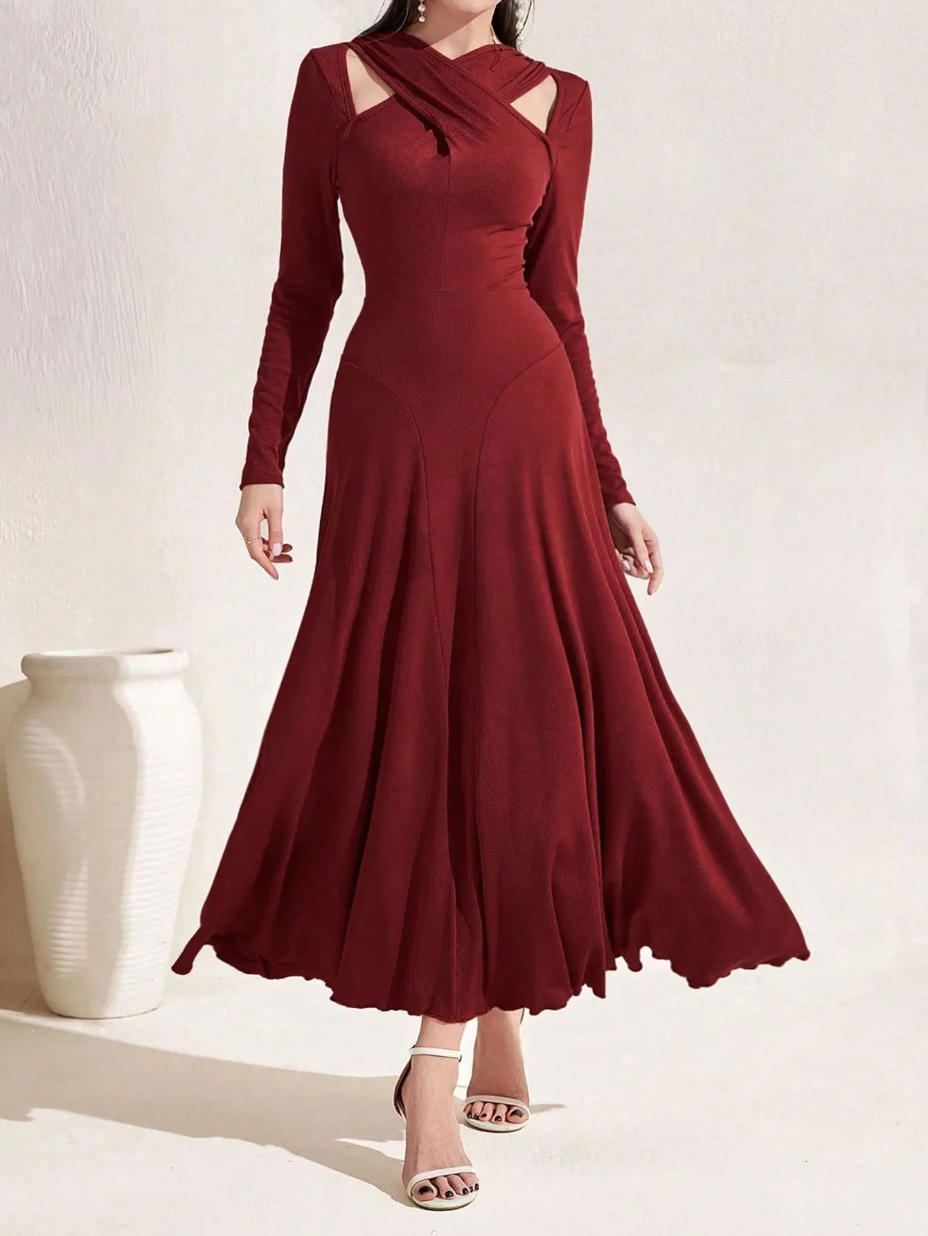 

2023 New Women Autumn Chic Midi Dress Vestidos De Manga Larga Party Vestidos De Noche Bbiye Vermelho De Baile Lange Kleider Red