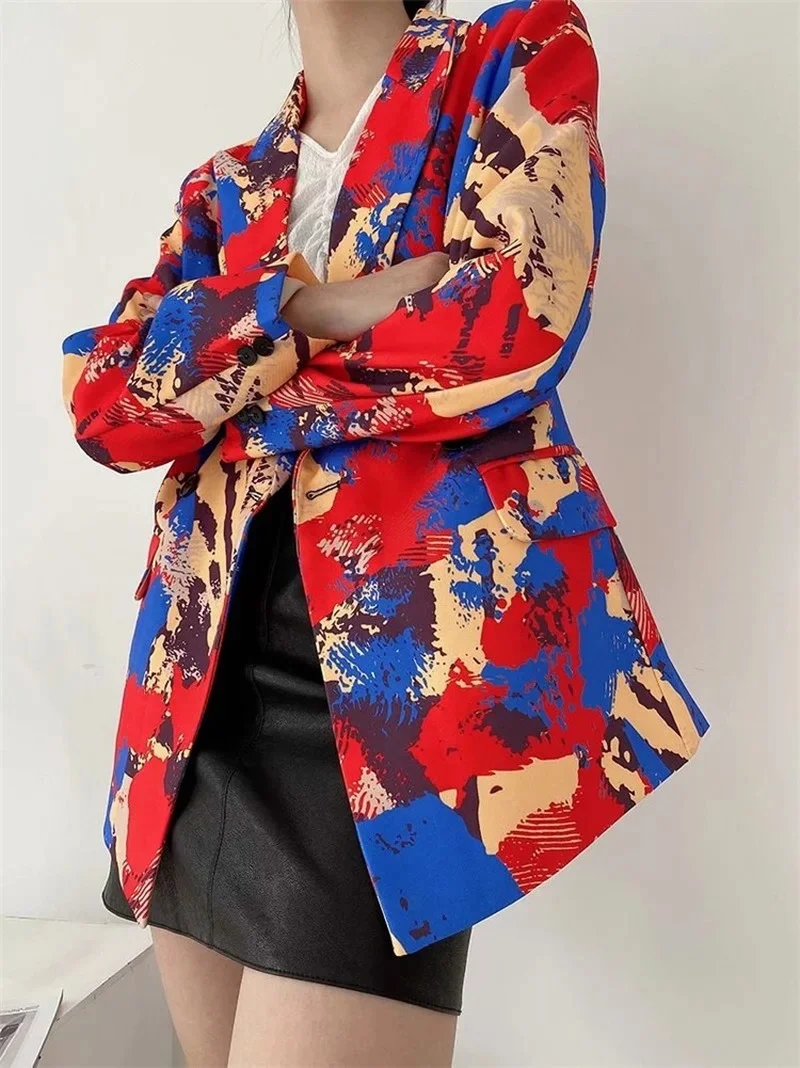 Red Graffiti Printed Blazer Suit Harajuku Women Loose Double Breasted Casual Office Blazer 2021 Spring Autumn New All-Match Suit