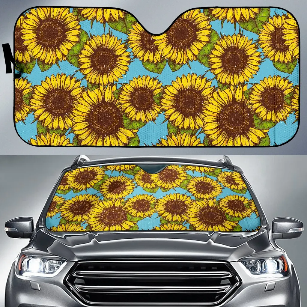 

Blue Vintage Sunflower Pattern Print Car Sun Shade