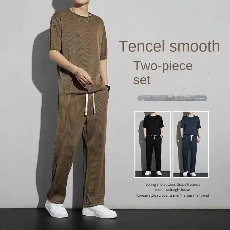 

Fasion Sports Suit Men's Summer Tin Men's Sort-sleeved T-sirt + Trousers Men's Casual Drape Two-piece Suit