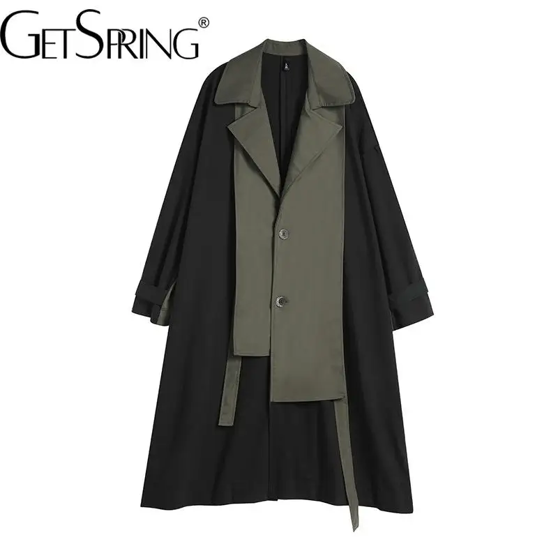 

GetSpring Women Trench Coat Full Sleeve Patchwork Ladies Windbreaker Temperament Loose Long Female Overcoat Autumn Winter 2022