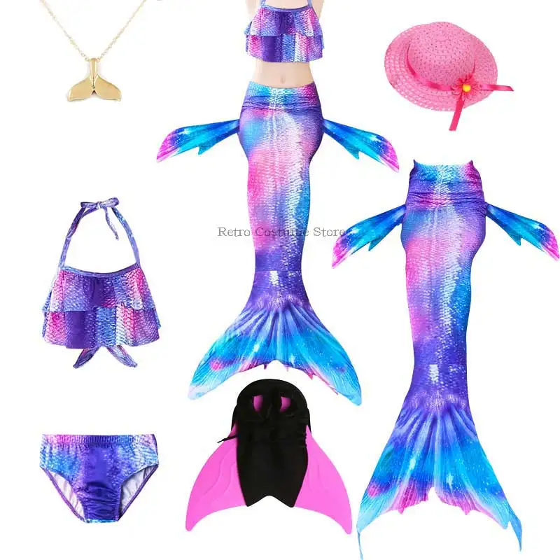 Mermaid Tail For Swimming Kids Girls Cosplay Colorful Bikini Bathing Suit Beach Dress Flippers Fin Cap Anime Costume |