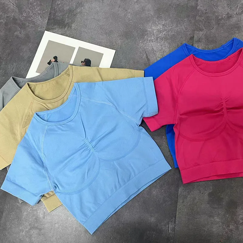 Женские Бесшовные рубашки для йоги короткий топ с коротким рукавом топы