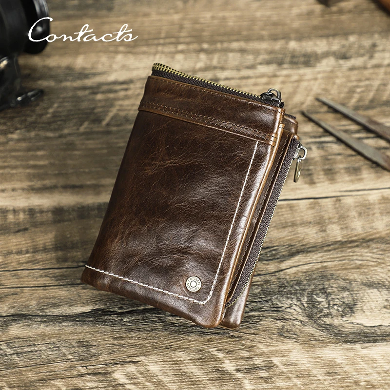 CONTACT'S Genuine Leather AirTag Wallets for Men Detachable Zipper Coin Purse RFID Card Holder Money Clip Casual Men's Wallet