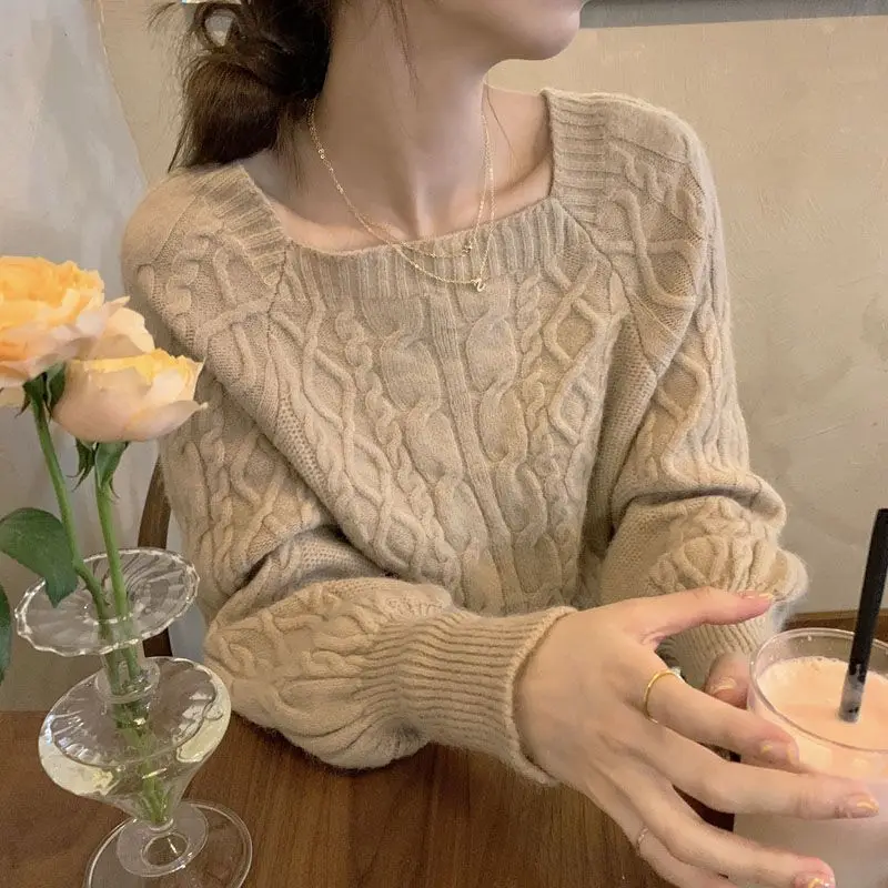 

Elegant Long Sleeve Round Collar Knitting Top Autumn Vintage Long Sleeve Loose Knitted Bottoming Casual Fashion Sweater T683