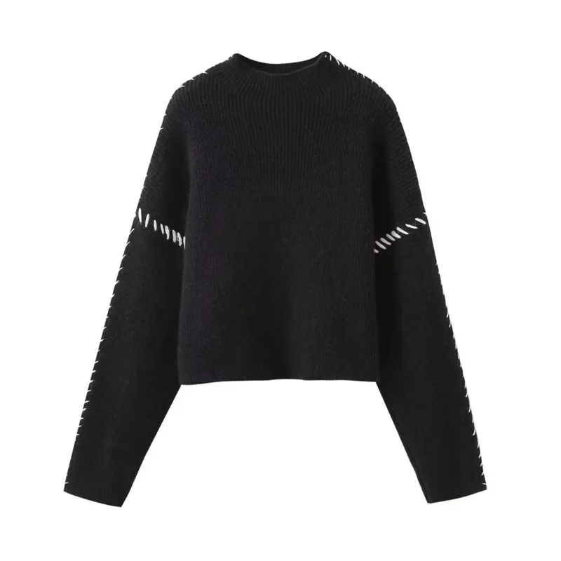

Women's Autumn New Street Fashion Contrast Color Block Wiring Design Sense Round Neck Casual Sweater Knit shirts women pastel