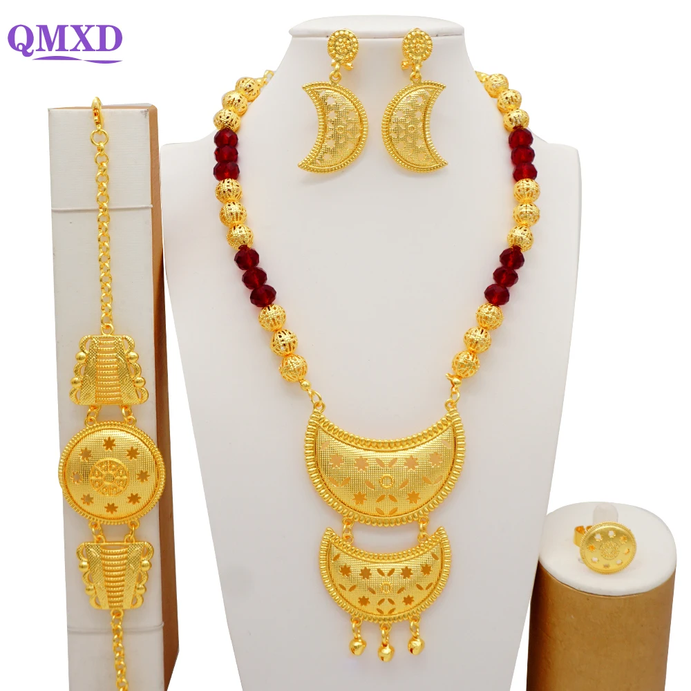 

Luxury African Dubai Jewelry Sets Gold Color For Women Wedding Gifts Bridal Necklace Bracelet Earrings Ring Jewellery Set