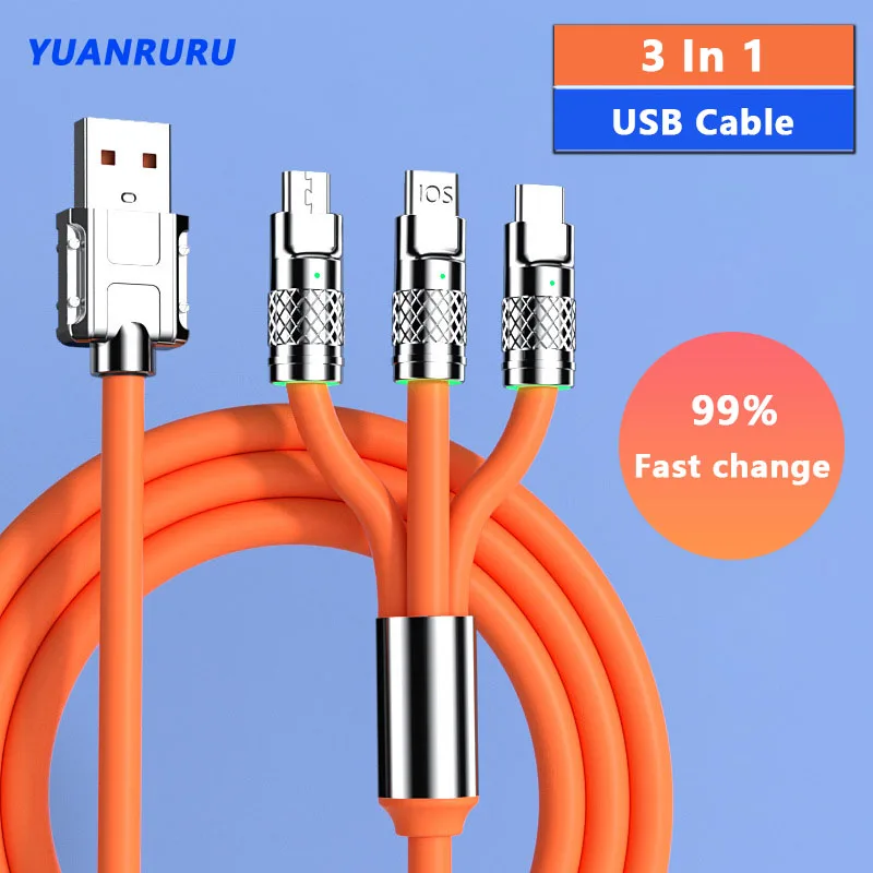 6A 120W 3 in 1 Super Charging Data Cable USB Type-C Lightning Micro USB Date Cable for iPhone14 iPhone13 Huawei Xiaomi Samsung