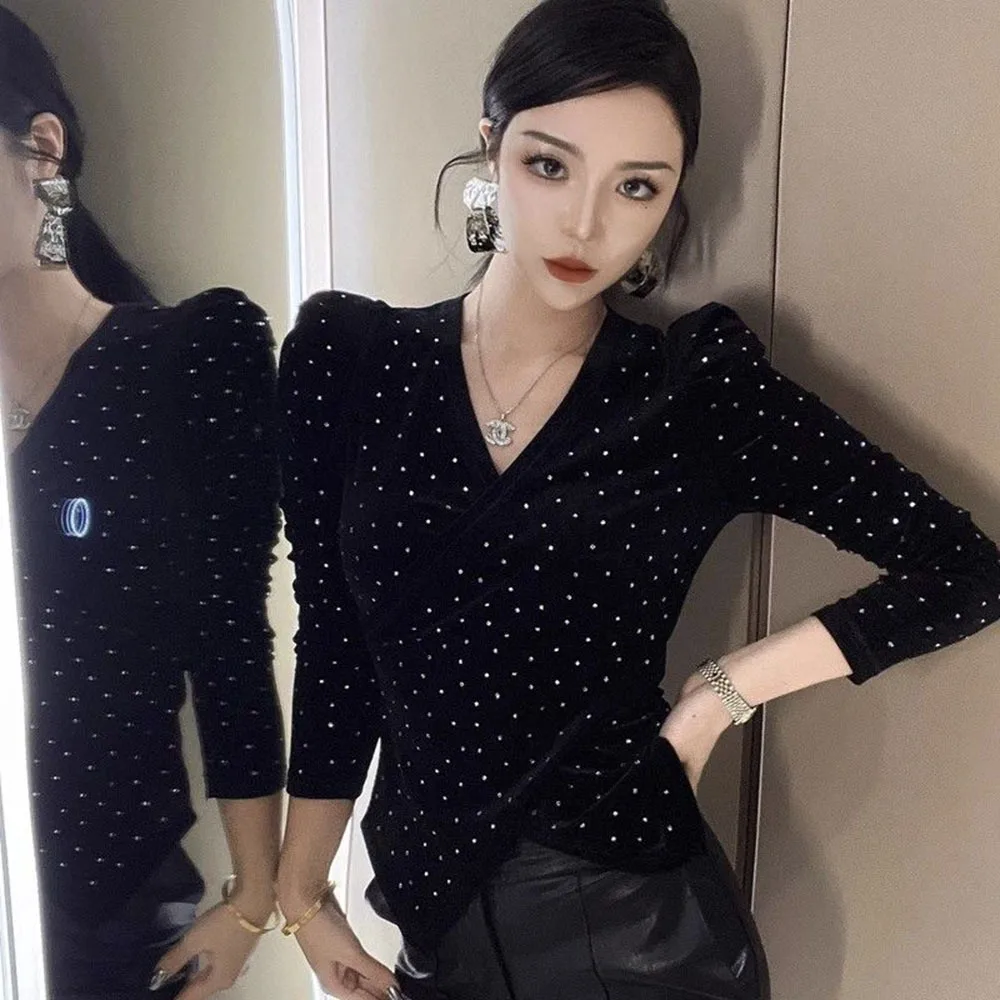 

Autumn Winter Fashion Bling Velvet Shirt Hot Diamonds Long Sleeve Shinny Blusa Women's Bottoming Tops Irregular Slim Blouses