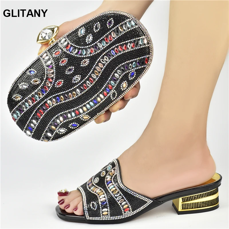 

Туфли и сумочки стразы женские на низком каблуке, модные свадебные туфли без застежек, подходит для вечерние ринки