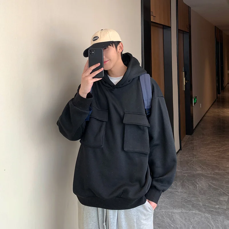 

New Sweatshirt Men's Popular Casual Hooded Top Front Patch Pocket Drawstring College Style Hoodie Handsome Hip-hop Streetwear