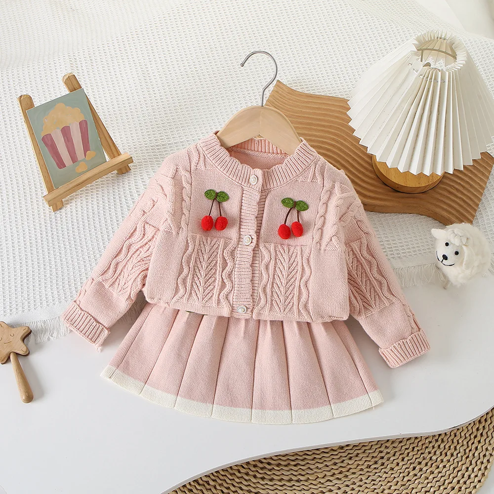 Однотонный свитер с вишней для девочек вязаный кардиган + Однотонная юбка
