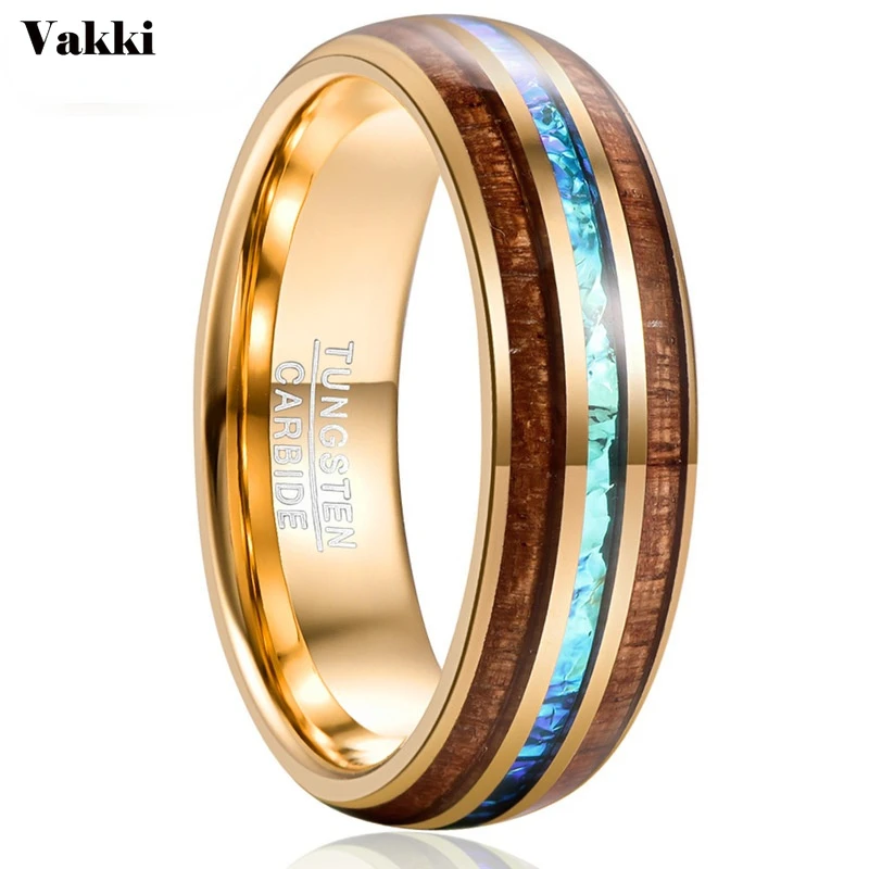 

Hot Sell Engagement for Men's Gift 8MM Wide Electroplated Gold Inlaid Acacia + Imitation Opel Dome Tungsten Steel Ring Jewelry