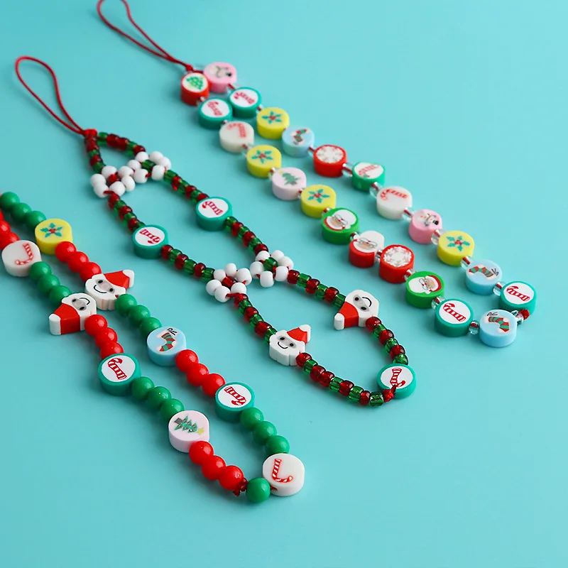 

Christmas Series Phone Chain Beaded Phone Lanyard Santa Claus Fashion Anti-lost Cord Handmade Clay Mobile Strap for Women
