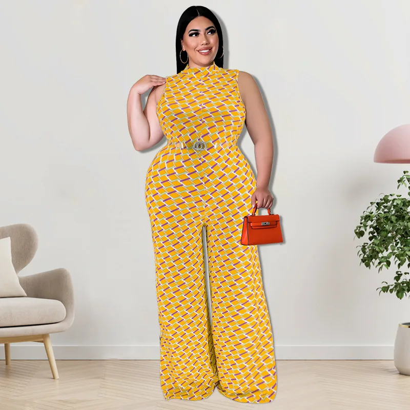 Plus Size One Piece Women Clothing Plaid Sleeveless Belt Casual Outfit Lady Wide Leg Pants 2023 Spring Female Fashion Jumpsuit