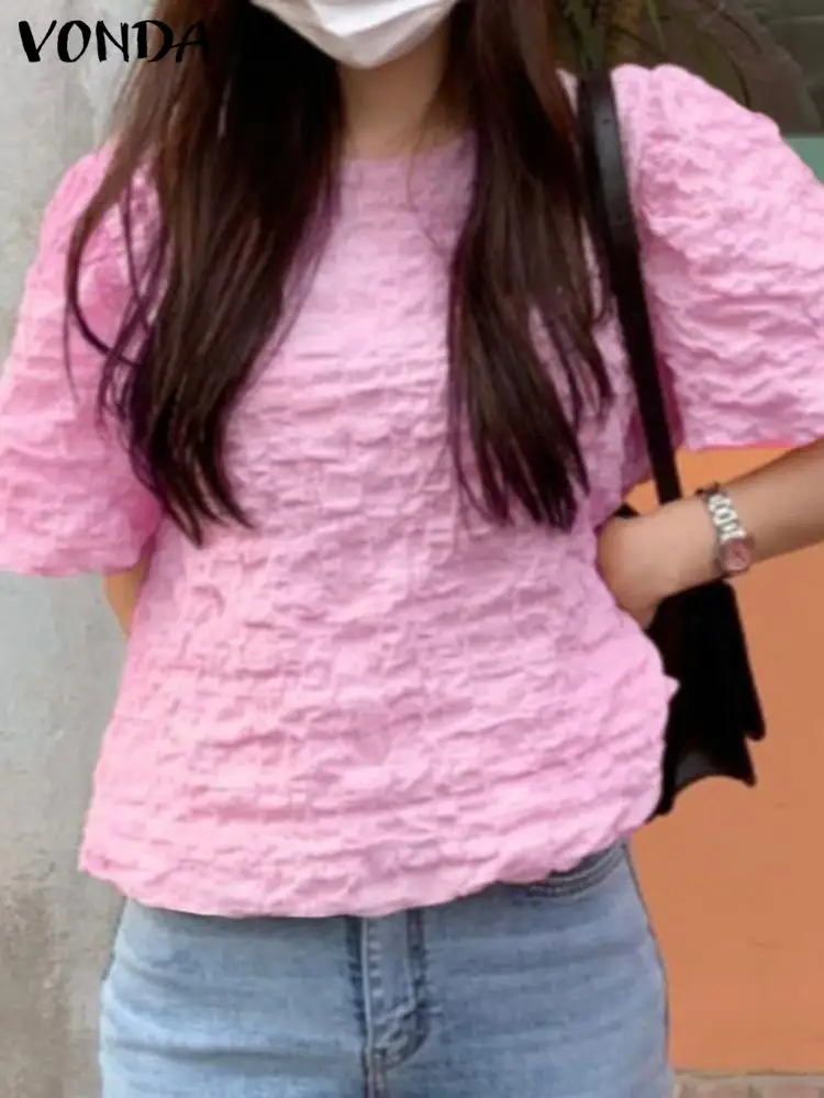 

2022 Женская стильная рубашка VONDA в стиле оверсайз, топы, блузы с коротким пышным рукавом, женские летние плиссированные блузки с круглым выре...