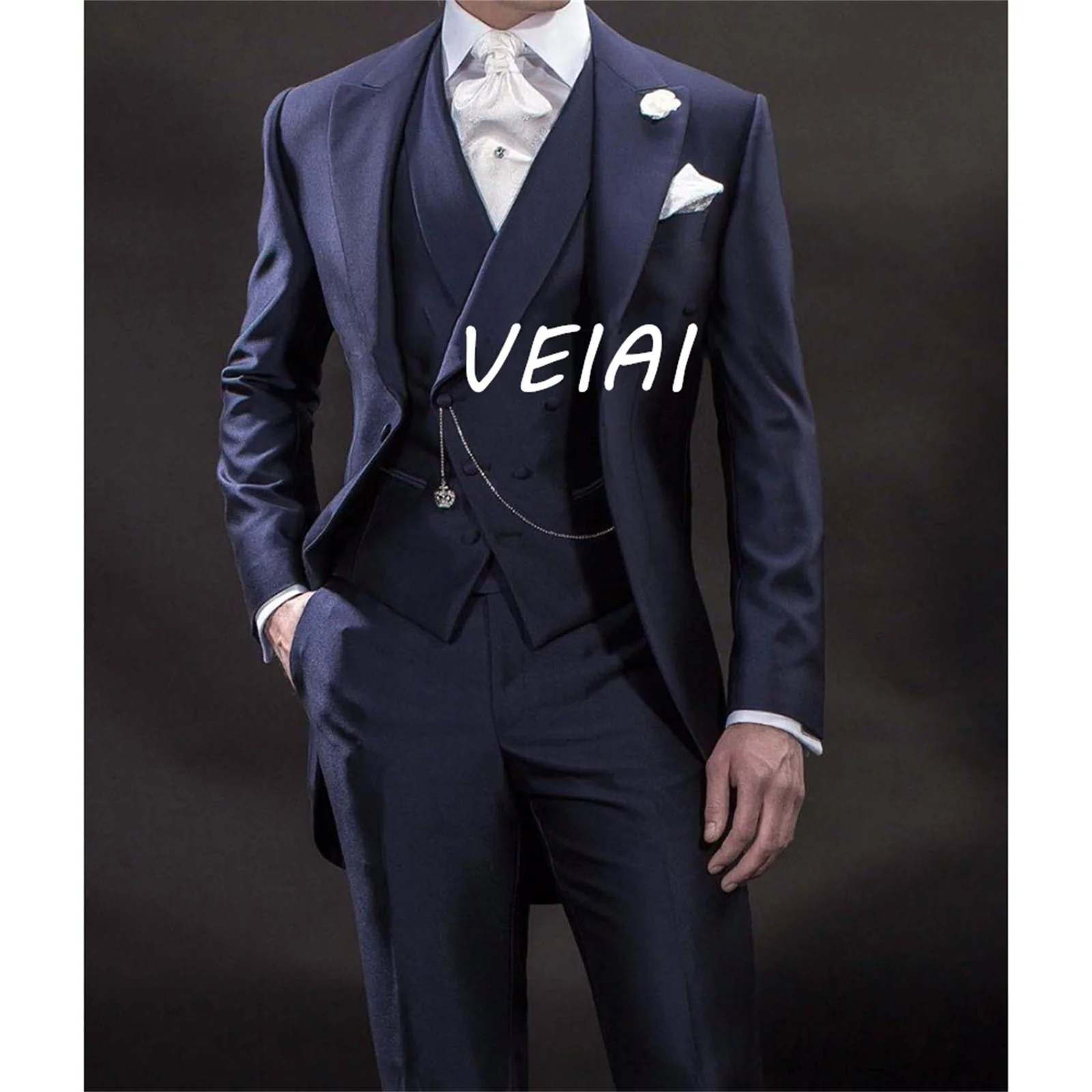 Slim Fit Formal Men Suits with Double Breasted Waistcoat Navy Blue Male Fashion Jacket Pants 3 Piece Wedding Tuxedo for Groom