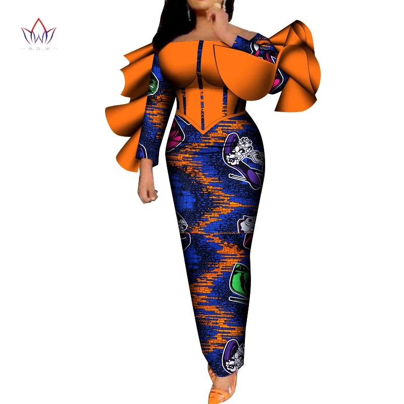 חדש BintaRealWax אפריקאי בגדים לנשים אפריקאי שמלת התלקח ארוך שרוולים ליידי הדפסת שעווה שמלת טוניקת שמלת WY8646