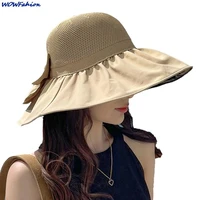 women anti uv wide brim inside black glue sunscreen sun hat foldable big bow bucket hat fishing hunting cap bucket hat