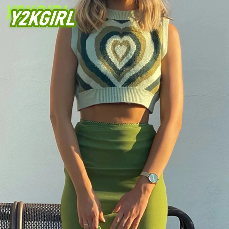 

Y2KGIRL, вязаный жилет с принтом в виде сердца, Женская Винтажная Майка, свитер, модная повседневная трикотажная одежда, пуловер в стиле пэчворк, сезон весна-лето, укороченные топы