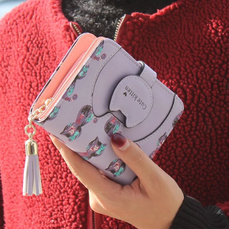 

Tassel Cartoon Cat Women Wallet Printing PU Leather Women Wallet Brand Designed Coin Purse Female Card Holder Cute Girl Wallet