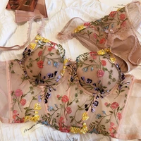 exquisite embroidery suit french floral lace womens fishbone corset vest sexy womens thin cotton cups gathering underwear set