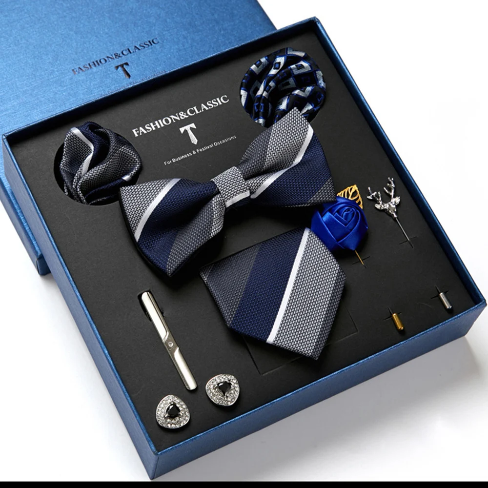 

Male Tie Set Luxury Gift Box Festive Present bow tie Necktie Men cufflinks Cravat Pocket Squares Towel