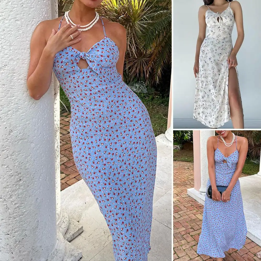 

Hollow Bowknot Off Shoulder Backless Side Split Hem Midi Dress Floral Print Sleeveless Sling Beach Holiday Dress Female Clothing
