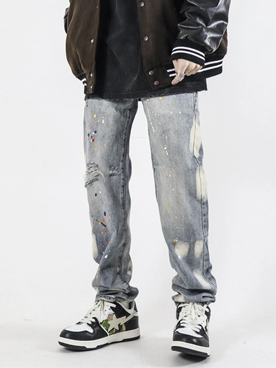 Four Seasons European and American High Street Straight Ink Splash Hole Jeans Trend Men's Fashion Streetwear Ins Hot Sale Denim
