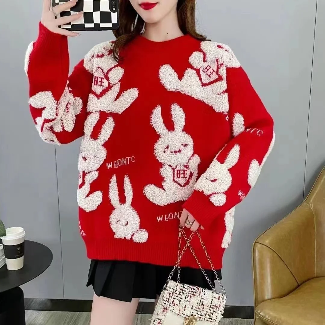 Christmas Dress For Women Sweater Winter Autumn Red New Years Clothing Rabbit Long Sleeve Pullover Loose Evening Party Dresses