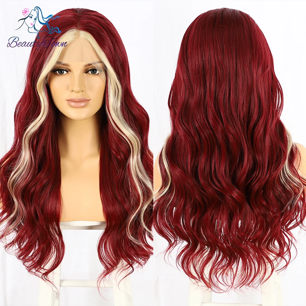 

613 Blonde Red Colored Synthetic Lace Front Wig 613 Highlight Ombre HD Transparent Lace Frontal Wig Body Wave Full Cosplay Heat