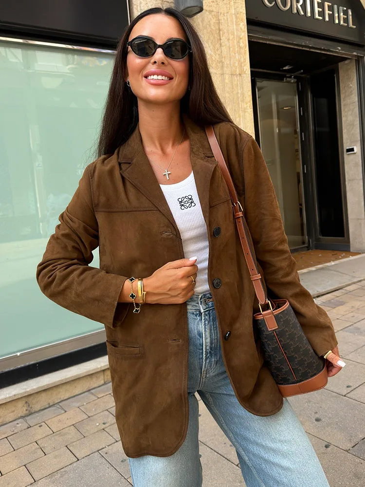 Замшевая Женская винтажная куртка однобортная повседневная короткая с